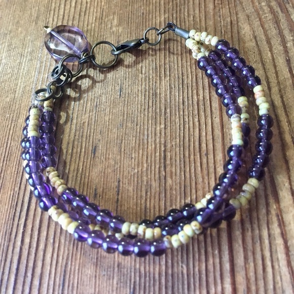Purple and Tan Triple Strand Ladies Beaded Bracelet, Handmade Ladies Bracelet - Picture 6 of 6
